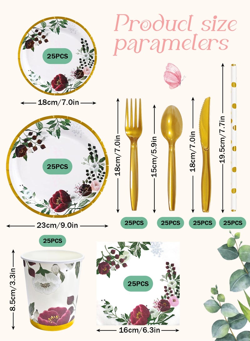 HomarKet 200PCS Disposable Dinnerware Set,25 Guest Party Supplies Dinner Set Include Paper Plates Napkin Cup Straw Plastic Spoon Fork Knive for Baby Shower,Wedding,Birthday (Elegant leaves&Flowers) - Image 2